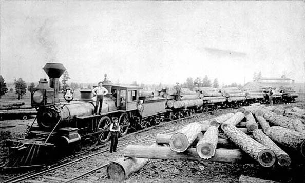 Sawmill operators and trainmen pose for the camera in front of a small steam engine carrying six cars of logs, with unloaded lumber already piling up beside the track.