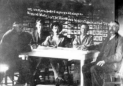 [NAU.PH.96.3.22.9] First Election Board at Grand Canyon, Dec. 12, 1911. (L to R: W.W. Bass, Bob Fix, Niles Cameron, Bill Lockridge and Charlie Sanders)