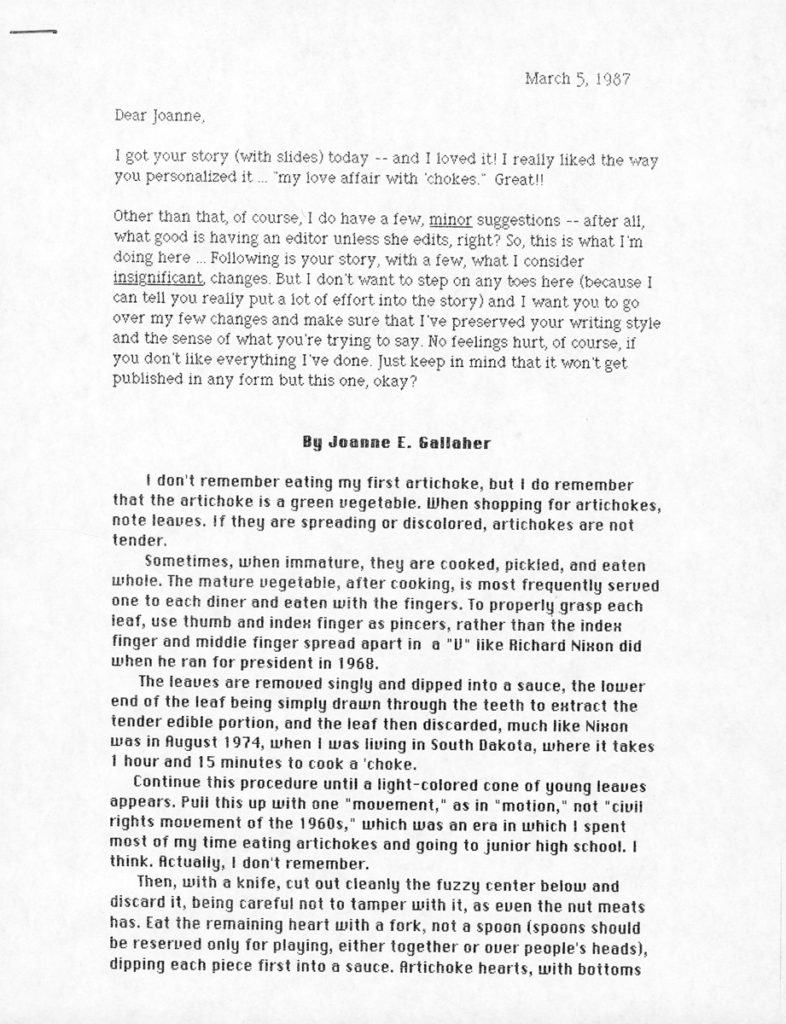 Satirical Edited Second Draft of Artichoke Article - Edited by Nancy Kruh Pg. 1, March 1987