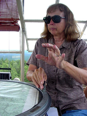 Donna Ashworth gestures during an interview on her tower.