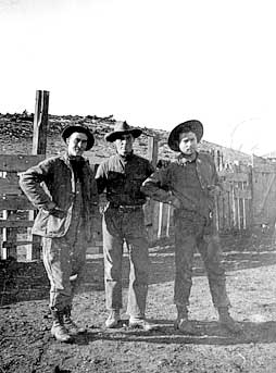 [NAU.PH.96.3.25.71] L-R: Emery & Ellsworth "Ed" Kolb and Bert Lauzon, Peach Springs AZ, January 1912.