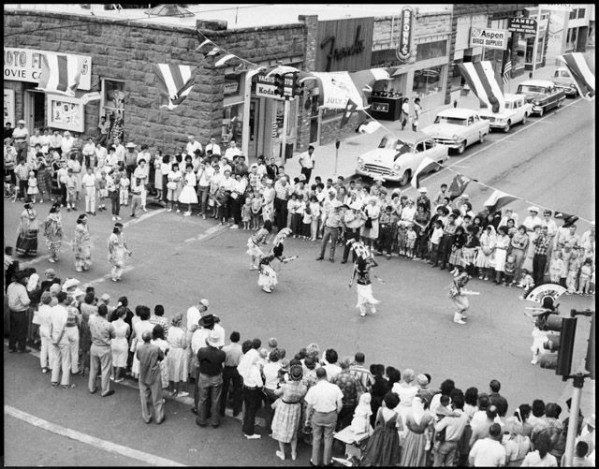 Image of Apache dancers in downtown Flagstaff, Arizona, ca. 1960-1962