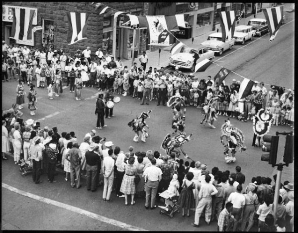 Image of [Group of Native American dancers in downtown Flagstaff, Arizona, parade]