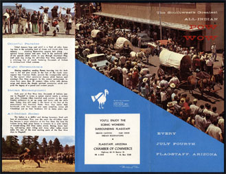 Image of brochure produced by the Flagstaff Chamber of Commerce to attract tourists to Flagstaff for the annual Pow Wow celebration, circa 1957