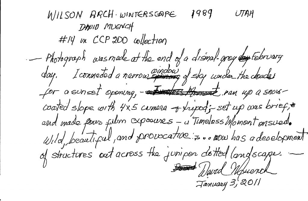 artist statement for Wilson Arch Winterscape written by David Muench in 2011