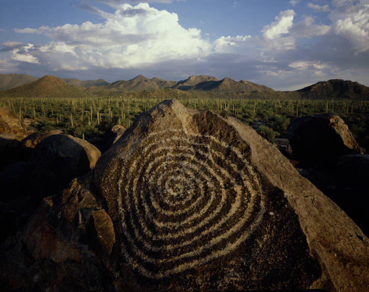 	
Image depicts a spiral petroglyph, carved onto one of many boulders, in front of a forest of saguaros. The background shows the Tuscon Mountains and large clouds in the sky