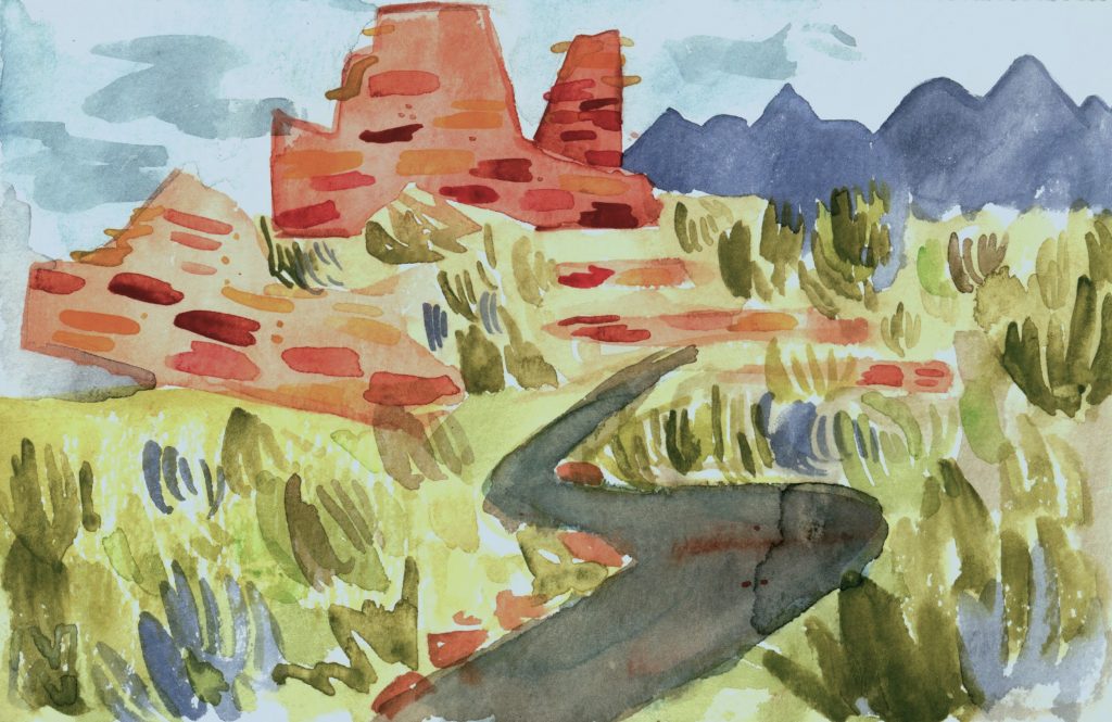 Watercolor painting of Lomaki Pueblo at Wupatki National Monument