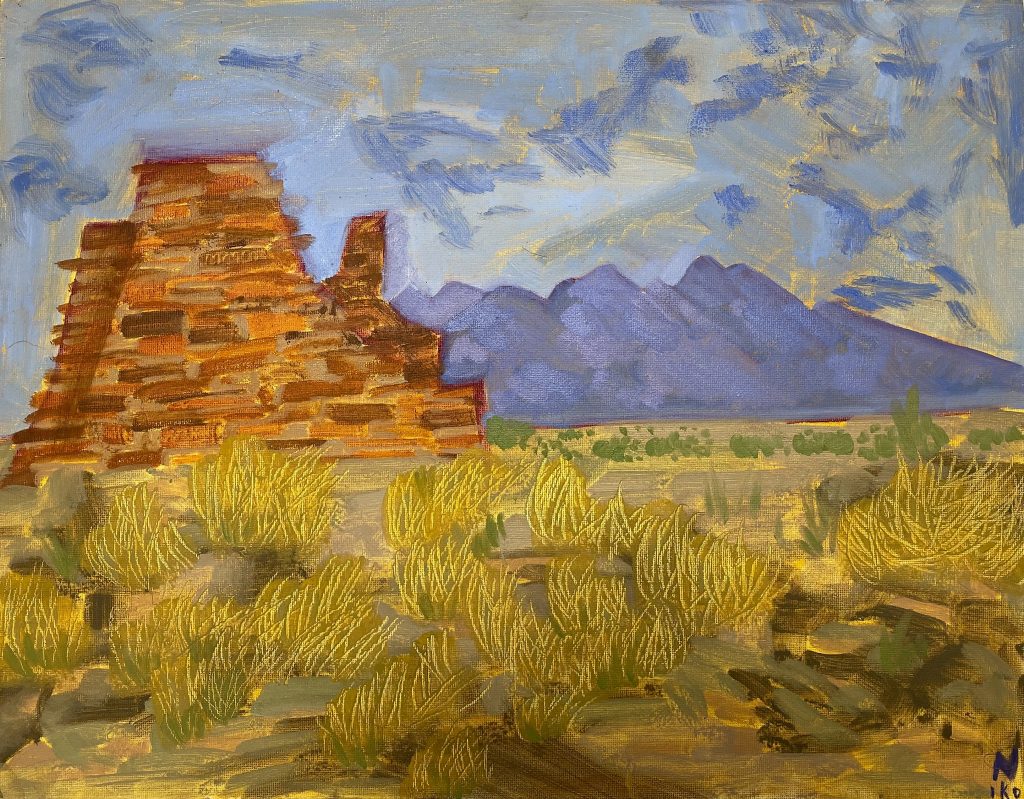 Oil painting of Lomaki Pueblo at Wupatki National Monument, with the San Francisco Peaks in the background