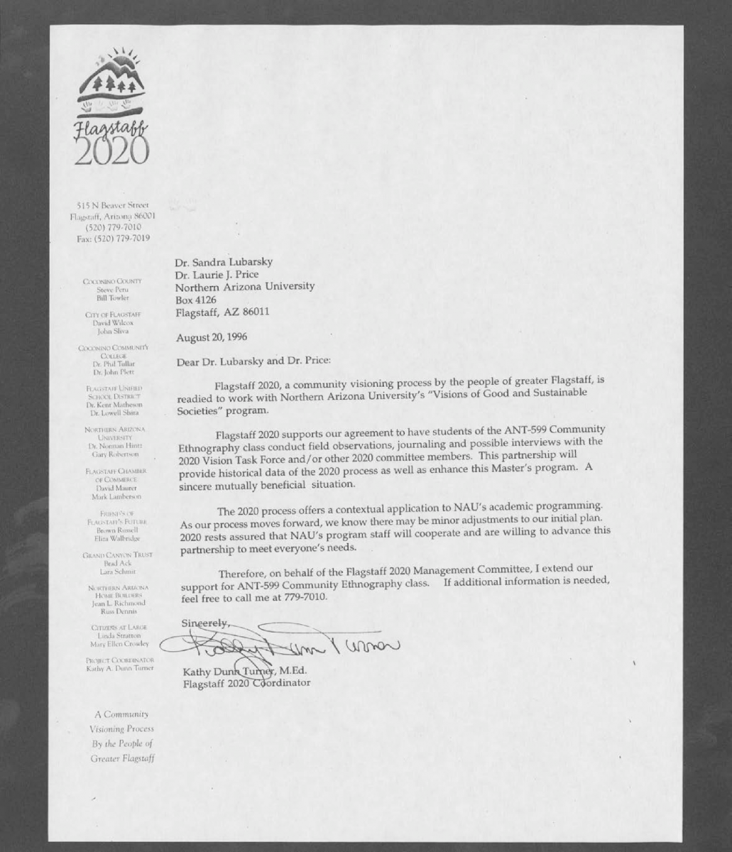 Letter from Project Coordinator Kathy Turner to Dr. Sandra Lubarsky and Dr.  Laurie Price about the NAU community ethnography class in support of Flagstaff 2020. 
