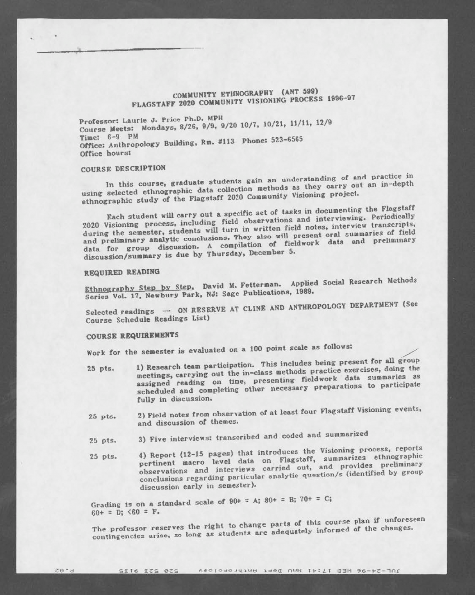 Syllabus for Anthropology 599: Community Ethnography at Northern Arizona University, Fall 1996 (page 1)