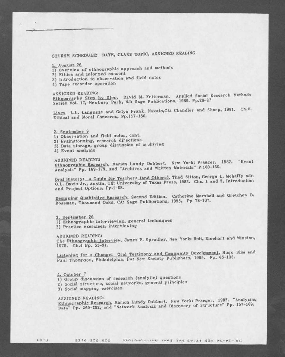 Syllabus for Anthropology 599: Community Ethnography at Northern Arizona University, Fall 1996 (page 2)